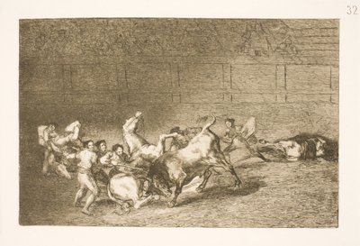 Två lag med picadorer blir en efter en vältade av en enda tjur av Francisco de Goya