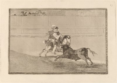 Un caballero espanol en plaza quebrando rejoncillos sin auxilio de los chulos (En spansk riddare i ringen som bryter korta spjut utan hjälp av assistenter) av Francisco de Goya