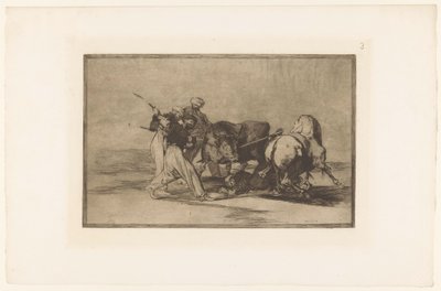 Vier mannen jagen op een stier Morerna etablerade sig i Spanien och avstod från vidskepelsen av deras alcorán (...) Stierengevechten (serietitel) La Taureamachie (serietitel) Tjurfäktning (serietitel) av Francisco de Goya