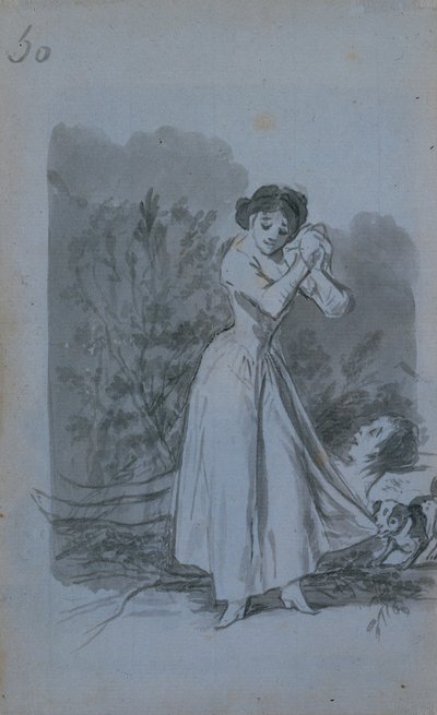 Ung kvinna vrider sina händer över en mans nakna kropp ago, 1796-97. av Francisco de Goya