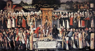 Ceremoni för handkyssning (handkyssning) efter deklarationen om privilegier av kung Ferdinand den katolske (1452-1516). Målning av Francisco de mendieta Y Retes (1500-talet). Spanien, Guernica. Juntas hus. av Francisco de Mendieta y Retes