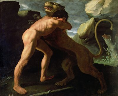 Hercules kæmper med Nemean Lion swed av Francisco de Zurbaran