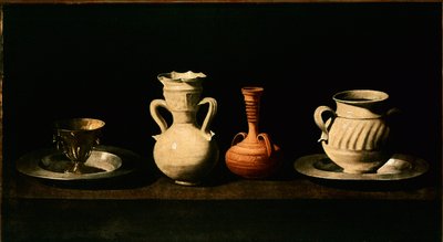 Stilleben Kannor, krukor. Målning av Francisco de Zurbaran (1598-1664) 1633 Sön. 46x84 cm Madrid, Pradomuseet av Francisco de Zurbaran