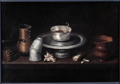 Stilleben choklad frukost av choklad kopp, koppar. Målning av Francisco de Zurbaran (1598-1664). 1600-talets Besançon, Museum of Fine Arts av Francisco de Zurbaran