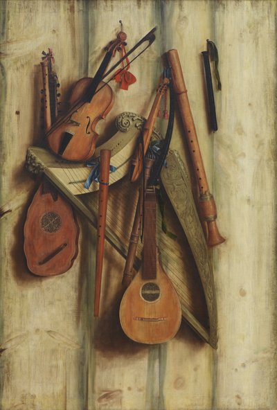 Brädpartition med musikinstrument. Trompe l