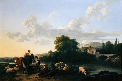 Bönder och boskap i ett italienskt landskap (olja på panel) av Franciscus Xaverius Xaverij