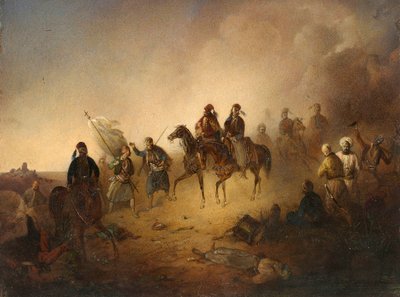 Markos Botzaris (Botsaris) (vers 1788-1823) vid slaget vid Karpenisi, natten till den 8 augusti av Franciszek Tomasz Tepa