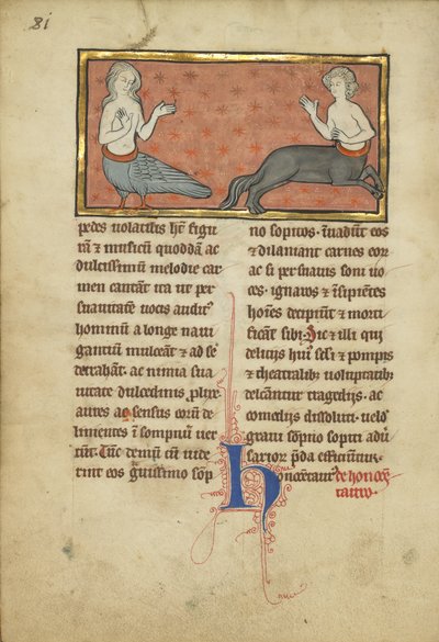 En siren och en kentaur från ett bestiarium Ms Ludwig XV 4, fol. 81v, c.1280-1300 (tempera, penna och bläck, bladguld och färg på pergament) av Franco Flemish School