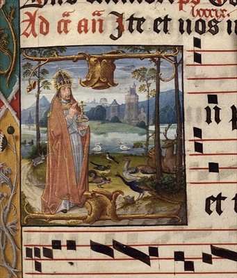 MS.41.f.84r Gud omgiven av fåglar och djur, Antiphon for Septuagesima (3:e söndagen före fastan), c.1490-1500 (vellum) av Franco Flemish School