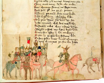 Ms Est 27 W 8.17 f.1v Hunnen Attila (c.406-453) och hans armé till häst, från Attilas krig av Nicola da Casola av Franco Italian School