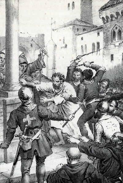 Bosättning av Raymond VI, greve av Toulouse - Le 22/06/1209 Raymond VI Comte de Toulouse, excommunie av påven Innocentius III (Milon legat du pope) för att inte förfölja katarerna, anklagar för att ha varit anstiftaren till mordet på Pierre de Castelnau ,  av Franco Mistrali