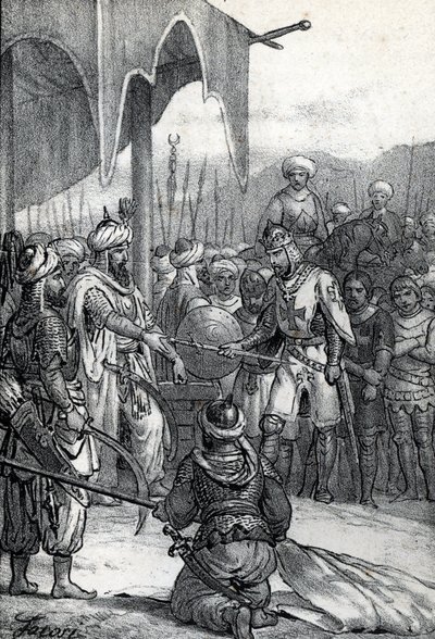 Sjunde korståget: Kung Ludvig IX togs till fånga i slaget vid Fariskur den 6 april 1250 (Sjunde korståget: Kung Ludvig IX fånge vid slaget vid Fariskur, 6 april 1250) Ritning från "Misteri del Vaticano" av Franco Mistrali av Franco Mistrali