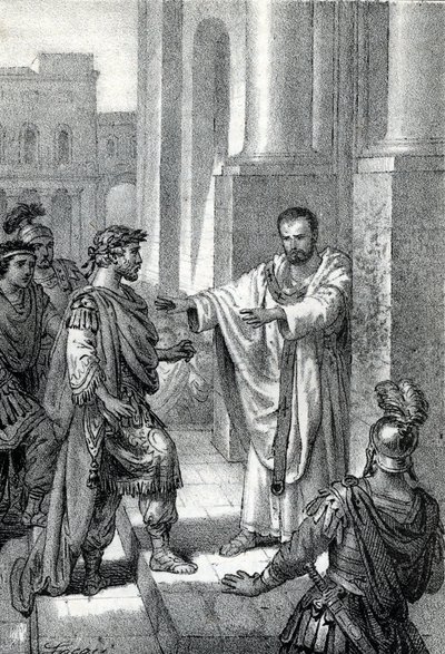 Ärkebiskopen Sankt Ambrosius av Milano (Aurelius Ambrosius, Ambrogio di Milano (340-397) förbjöd inträde av kyrkan till den romerske kejsaren Theodosius I (Flavius Theodosius) (347-395) för att straffa honom för massakern i Thessalonika 390 - Excommunicati av Franco Mistrali