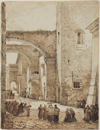 En präst i procession genom en medeltida gata i Viterbo av Francois-Marius Granet