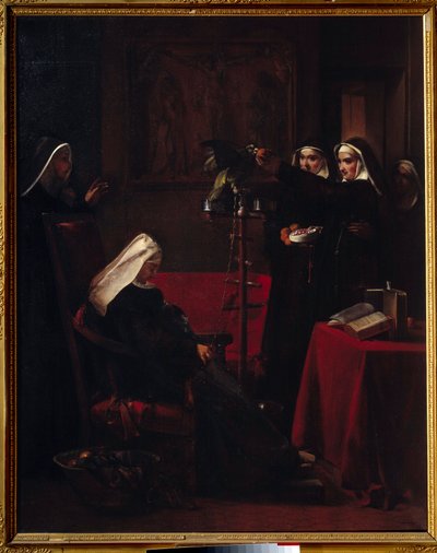 Gröna gröna nunnor som ger mat till papegojan till en sovande nunna. Målning av Francois Marius Granet (1775-1849) av Francois Marius Granet