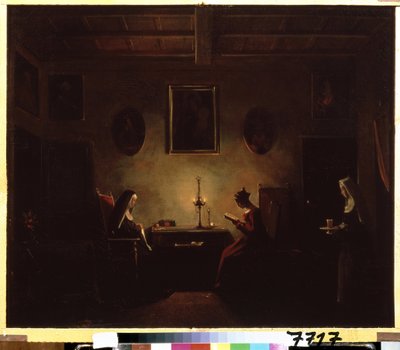 ""Interiör"" Scen i ett kloster, en ung flicka som läser i levande ljus, två nunnor är i rummet. Målning av Francois Marius Granet (1775-1849) Pushkin-museet från 1800-talet, Moskva av Francois Marius Granet