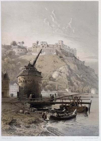 Chateau Saint Coar och Rheinfelds. I "" Den monumentala och pittoreska Rhen"". Litografier av Fourmais och Stroobant av Francois Stroobant