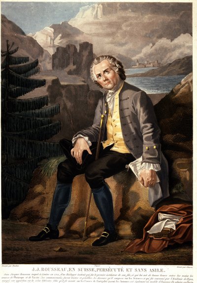 Jean Jacques Rousseau i Schweiz, förföljd och utan asyl. Akvatint av Charon d
