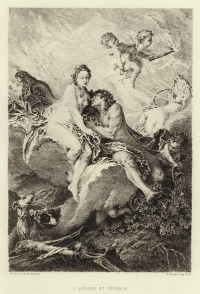 Aurora och Cephalus (gravyr) av Francois (after) Boucher