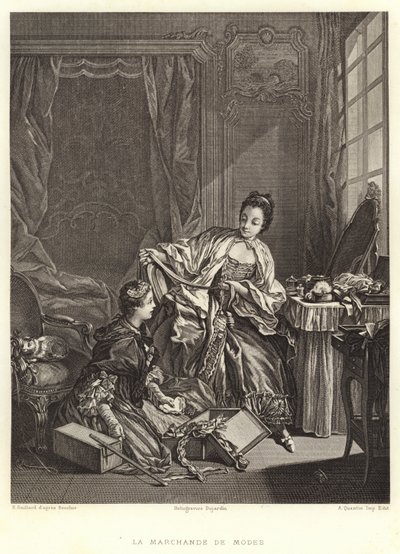 The Fashion Merchant (gravyr) av Francois (after) Boucher