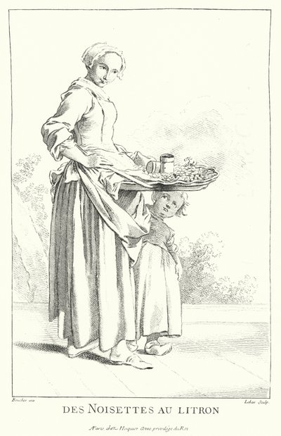 Säljare av muttrar (gravyr) av Francois (after) Boucher