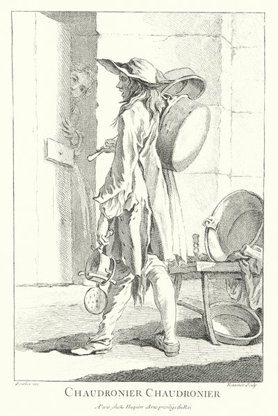 Gryta och panna säljare (gravyr) av Francois (after) Boucher