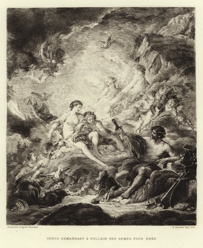 Venus ber Vulcan om vapen till Aeneas (gravyr) av Francois (after) Boucher