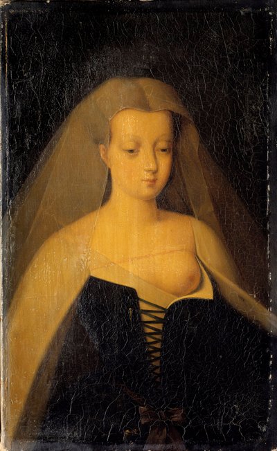 Porträtt av Agnes Sorel (1422-1450) (Damen av Beaute sur Marne) (Beaute-sur-Marne), favorit hos kung Karl VII (1422-1461) Hennes bröst är smutsigt. Målning av Philippe Comairas (1803-1875) efter Francois Clouet. sön 1833. 0,3x0,19 m Versailles, cha museum av Francois (after) Clouet