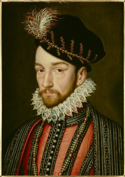 Porträtt av Karl IX (1550 - 1574). Målning av Francois Clouet (1515-1572) av Francois (after) Clouet