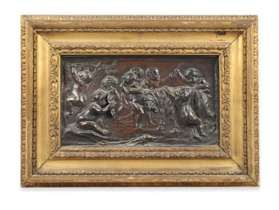 Rektangulär bronsrelief av Bacchanalian spädbarn som leker med en get av Francois (after) Duquesnoy