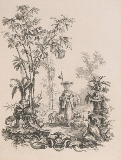 Ung kinesisk flicka går, omgiven av sina får, ca.1740-50. av Francois Antoine Aveline