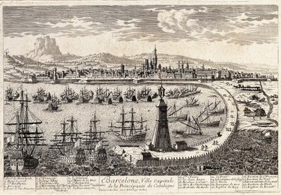 Utsikt över staden och hamnen i Barcelona på 1700-talet. Gravyr av Francois Antoine Aveline Barcelona, Museu d