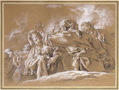 En mor och ett barn och andra figurer sedda underifrån (krita) av François Boucher