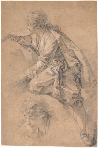 En ung person som står på ett knä, med båda armarna utsträckta av François Boucher