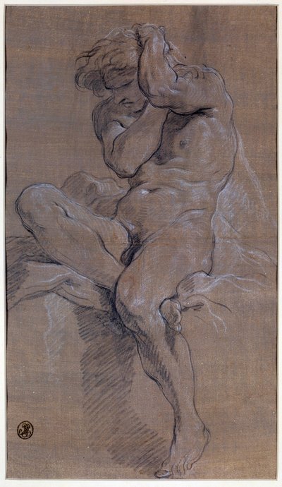Akademien för sittande naken man Ritning i rött blod av Francois Boucher (1703-1770) 1700-talets Paris, Louvren av François Boucher