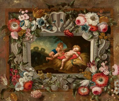 En allegori över sommaren inramad av blommor av François Boucher