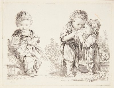 Barn som sitter på en jordklump och de små mjölkdrickarna av François Boucher