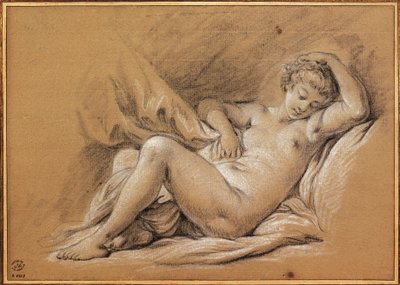Frankrike, Chinoseries, teckning av kvinna naken på en säng (ritning) av François Boucher