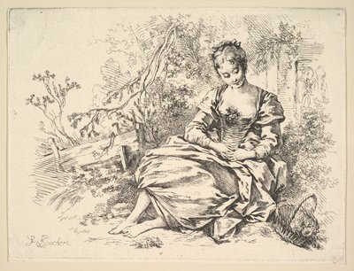 Flicka i ett landskap med en korg full av blommor av François Boucher