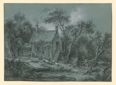 Ett hus med en trappa mellan träden, med en fiskare framför av François Boucher
