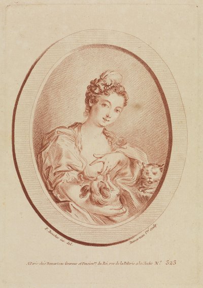 Ung kvinna med en knähund och en kattunge av François Boucher