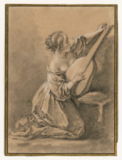 En ung kvinna som sitter på knä och stämmer en luta av François Boucher