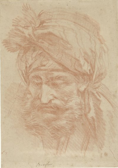 Huvud av en skäggig oriental med turban, sett framifrån, blickande nedåt av François Boucher