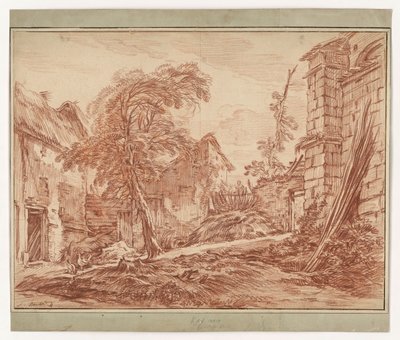 Landsbygdslandskap med bondgård och ruiner av François Boucher