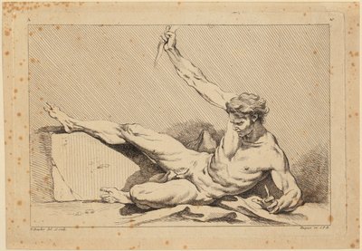 Liggande manlig akt, blad 10 ur ”Second livre de figures d’Académies [...]”, delvis graverad av lärarna vid den kungliga akademin” av François Boucher