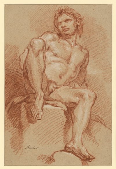 Studie av en manlig akt, sittande och sedd framifrån av François Boucher