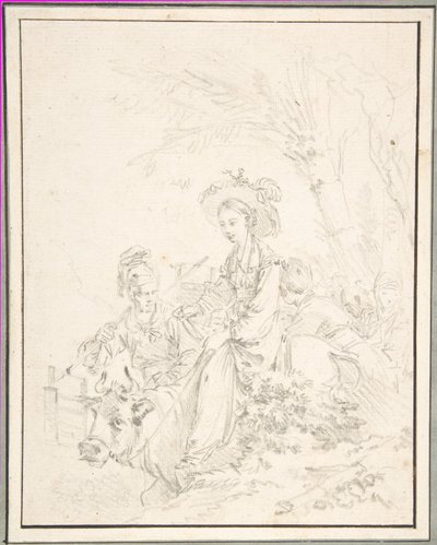 Bondflicka som rider på en oxe tillsammans med sina vänner av François Boucher
