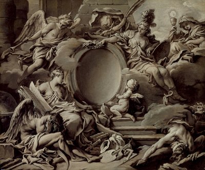 Projekt för en kartusch: En allegori över Minerva, berömmelsen, historien och tron som övervinner okunnigheten och tiden av François Boucher