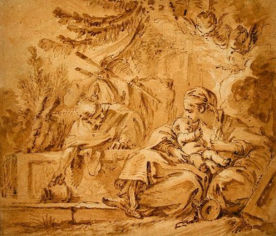 Vila på flyget till Egypten (penna & brunt bläck med rosa och bruna tvättar på papper) av François Boucher