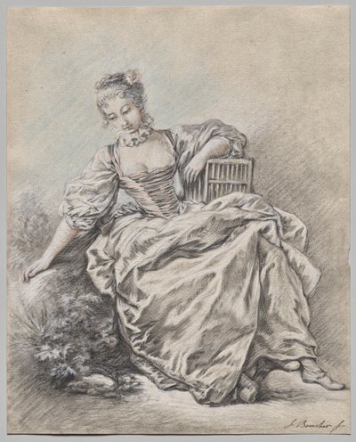 Sittande kvinna som håller en fågelbur av François Boucher